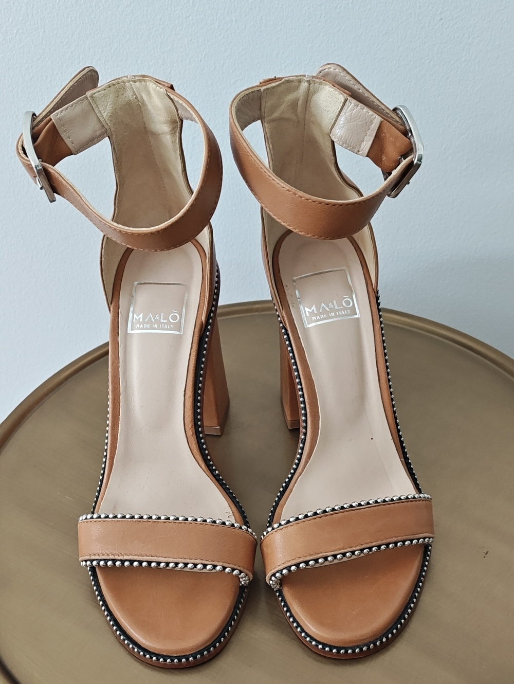 MA & LO Tan Leather Chunky Heeled Sandals 37 7